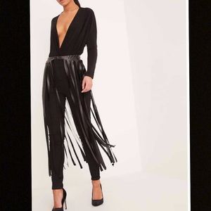 Black Faux Leather Fringe Belt